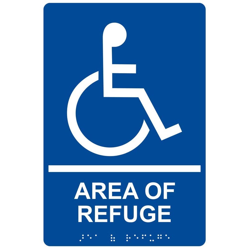 ComplianceSigns Area of Refuge Sign, ADA-Compliant Braille and Raised Letters, 9x6 in. White on Blue Acrylic with Adhesive Mounting Strips by ComplianceSignsâ€¦ - Image 1